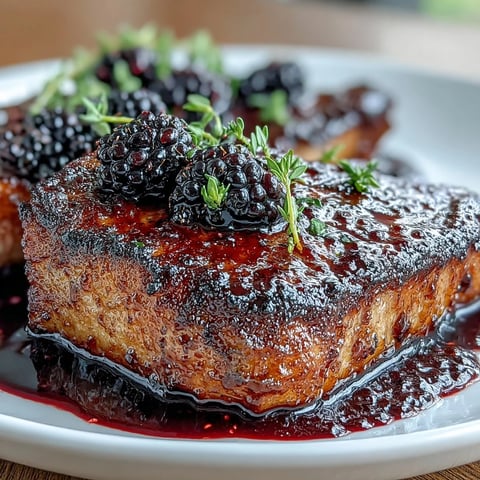 Juicy bourbon blackberry pork chops, garnished with fresh thyme and plump blackberries, ready to serve alongside creamy mashed potatoes.  