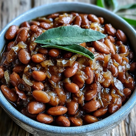 Slow-simmered pinto beans with onions, garlic, and bay leaves in a rustic pot, garnished with fresh parsley.
