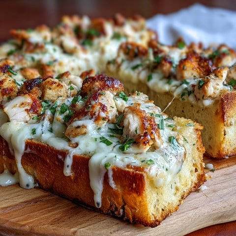 Golden-brown toasted bread slices generously topped with creamy Alfredo sauce, tender chicken chunks, and a melted blend of mozzarella and cheddar cheese, garnished with fresh parsley.