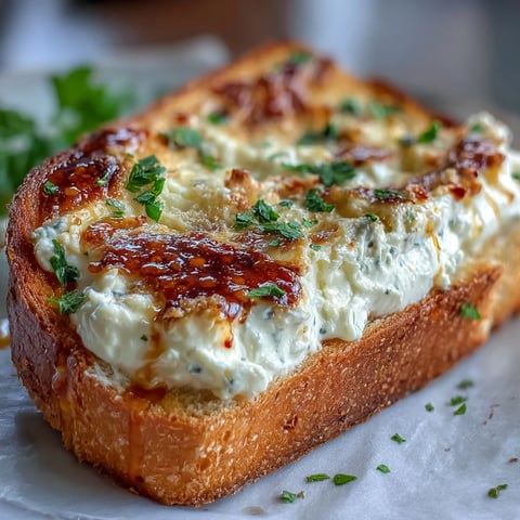 Golden-baked Hot Honey Ricotta Garlic Bread topped with a bubbly, creamy ricotta spread and a shimmering drizzle of red pepper-infused honey.