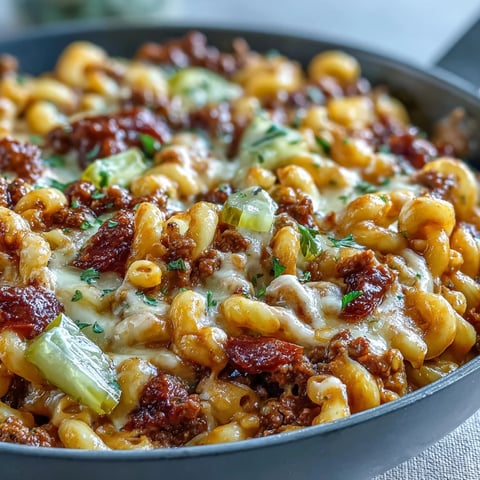 Golden-brown ground beef, tender macaroni, and melted cheddar create a skillet of One-Pan Cheeseburger Chili Mac, garnished with fresh pickles.