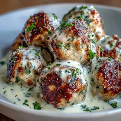 Golden-brown Creamy Garlic Ranch Turkey Meatballs sit in a rich, garlicky white sauce, garnished with fresh parsley for a comforting meal.