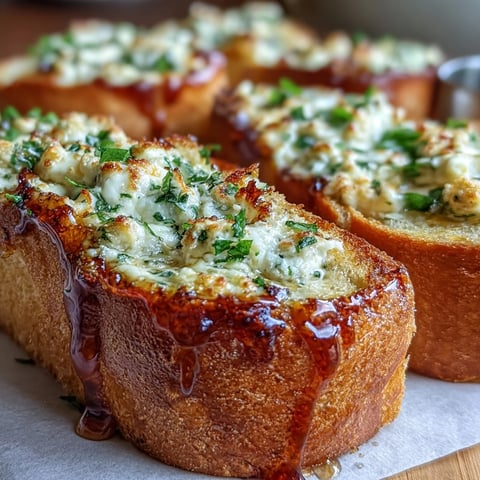Golden-baked Hot Honey Ricotta Garlic Bread slices with a creamy ricotta spread and spicy-sweet honey drizzle, served warm on a wooden board.
