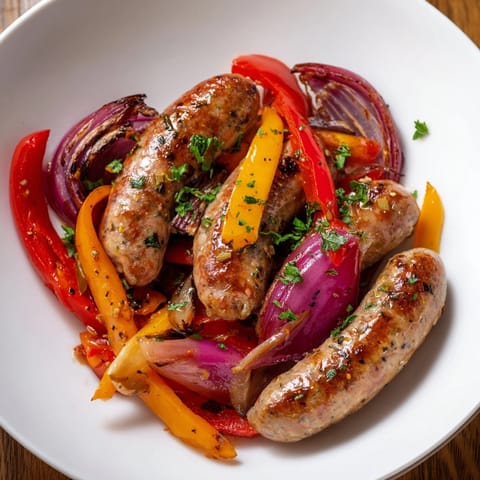 A sizzling close-up: Easy Sheet Pan Italian Sausage with vibrant veggies, ready to serve with crusty bread.