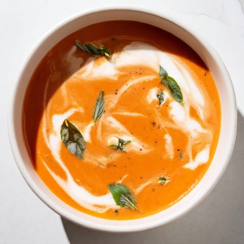 Creamy tomato and basil soup, a delightful vegetarian meal, ready to warm you on a chilly day.