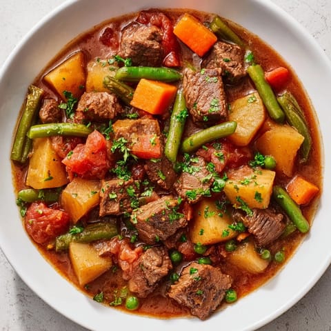 A steaming, close-up shot of the rich, thick beef and vegetable stew with herbs and spices.