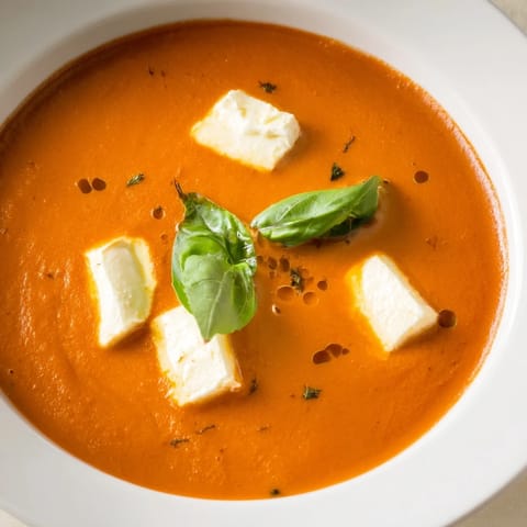 Homemade Creamy Tomato Mozzarella Soup, topped with fresh basil, ready for a delicious dinner.