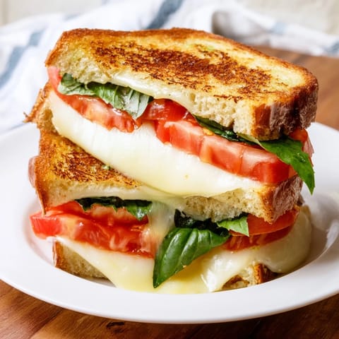 Warm, cheesy Tomato Basil Grilled Cheese, ready to eat, served with fresh tomato and basil, perfect comfort food.