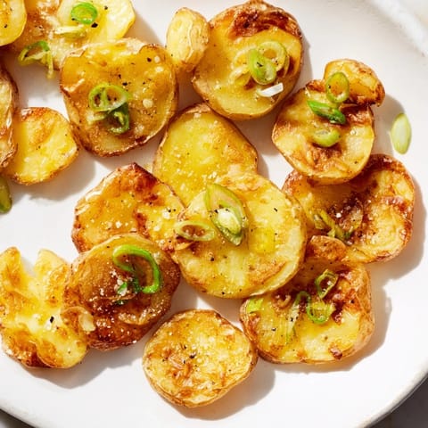 These oven-roasted Smashed Green Onion Potato Bombs feature a delightful, savory crunch seasoned with scallion oil.