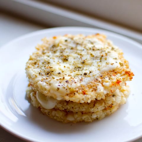 Crispy rice cake cheese stacks piled high with mozzarella and parmesan, baked until bubbly and golden brown.