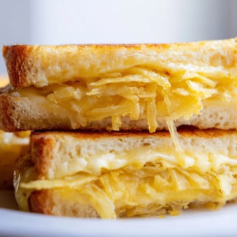 A perfectly toasted sandwich cut in half, revealing layers of gooey melted cheese and crispy fried onion filling on a plate.  
