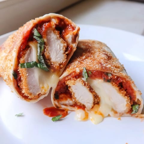 Handheld Crispy Chicken Parm Wrap on a plate, served with a small bowl of marinara dipping sauce for extra flavor.