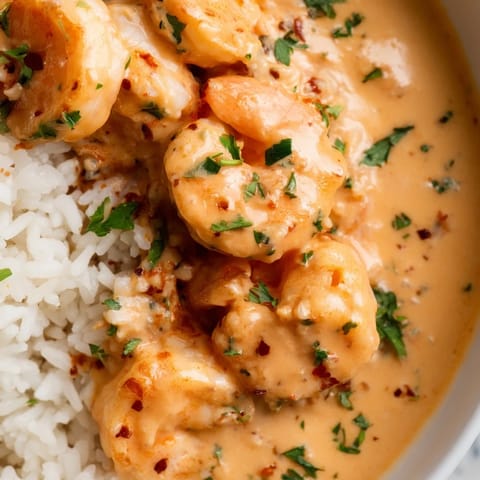 Plump Cajun shrimp coated in rich, velvety sauce, served over steaming rice with fresh parsley garnish.  