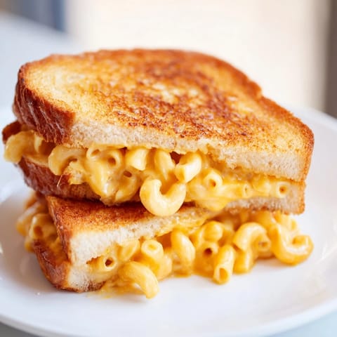 This decadent Mac & Cheese Grilled Cheese sandwich features crispy buttered sourdough overflowing with extra melted cheddar cheese.