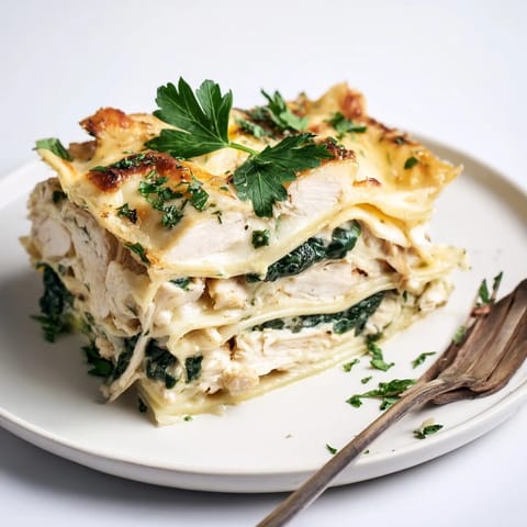 Slice of hearty Chicken Alfredo Lasagna served on a white plate, revealing layers of tender chicken, spinach, and pasta.