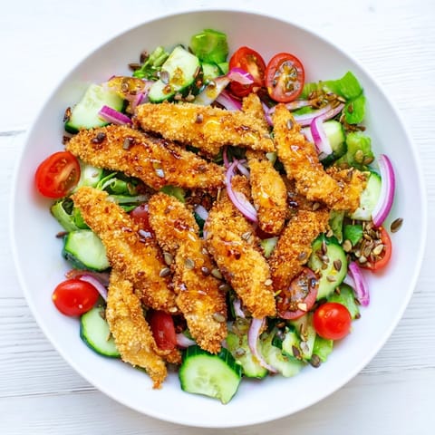 A fork holds a bite of Crispy Hot Honey Chicken Salad with crunchy seeds and fresh herbs.