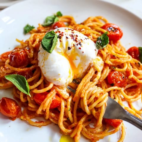 A close-up of creamy Burrata Caprese Pasta with fresh basil and glossy olive oil.  