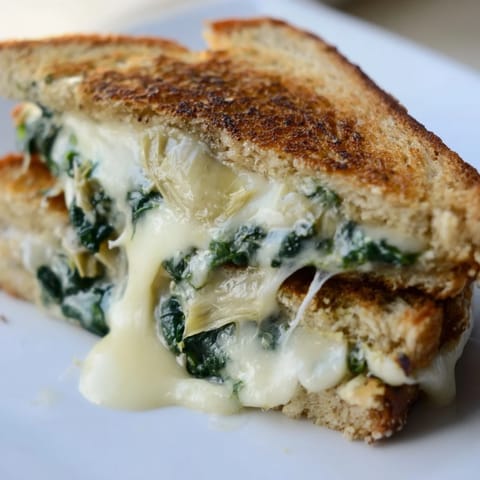 A close-up view of a perfectly melted Artichoke Spinach Grilled Cheese sandwich on a rustic wooden cutting board.  