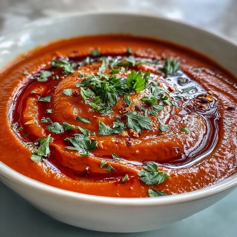Silky smooth Roasted Red Pepper Soup, garnished with herbs and a swirl of cream.