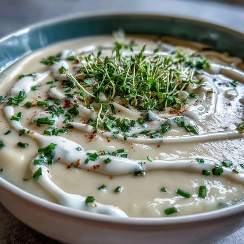 Rich, smooth celery root bisque, a comforting, elegant vegetarian soup ready for a drizzle.