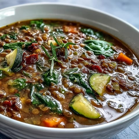 Hearty lentil and vegetable soup, a comforting bowl perfect for a cozy evening.