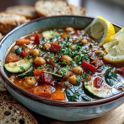 A hearty bowl of Chickpea Stew topped with parsley, served alongside crusty bread for dipping into the tomato-based broth.