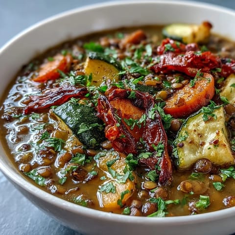 Homemade Lentil and Vegetable Soup with oven-roasted vegetables in a rustic pot, ready to serve with crusty bread.