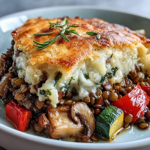 Creamy Green Lentil and Vegetable Casserole with spinach, tomatoes, and herbs in a white bowl.
