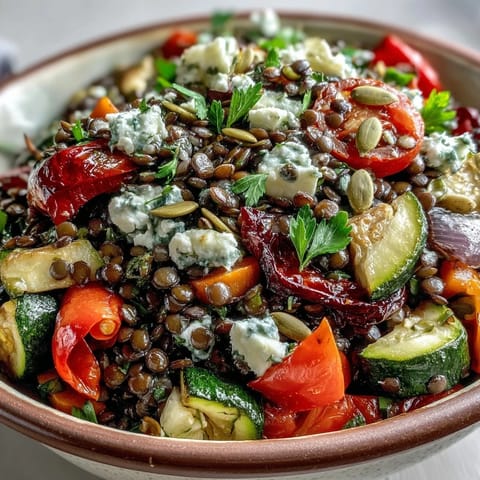 A fork rests beside feta crumbles and toasted pumpkin seeds for a hearty gluten-free meal.