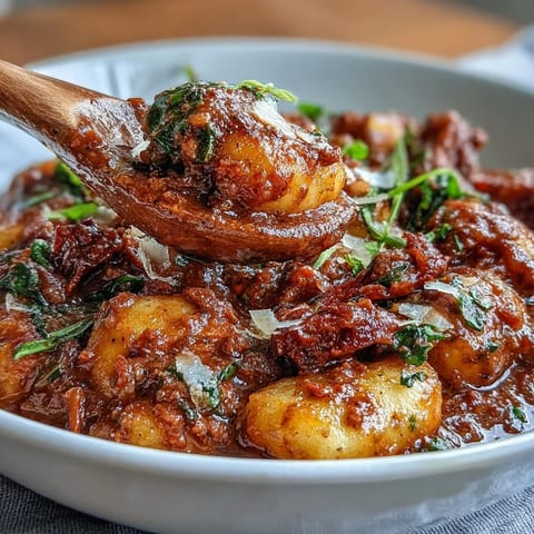 Hearty Sausage Gnocchi with Kale served in a rustic bowl, fork ready and garnished with Parmesan cheese.