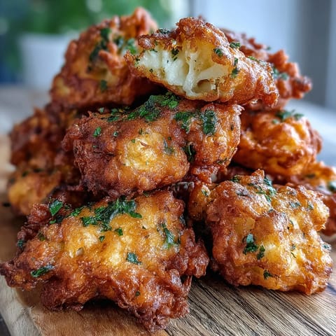 A stack of crispy cauliflower bhajis served on a rustic plate with a bowl of minty yogurt dip.