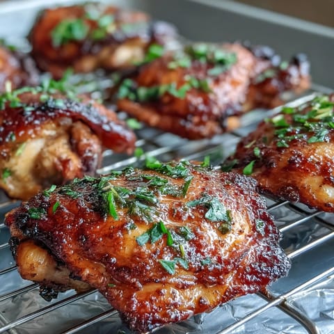 The smoky spice blend on these Crispy Baked Bone-In Chicken Thighs creates a rich aroma, with juicy dark meat visible beneath the crisp skin.