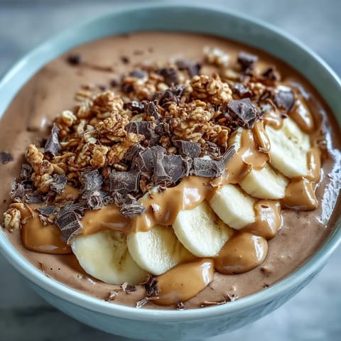 Close-up view of a spoonful of creamy Chocolate Peanut Butter Smoothie Bowl with chopped chocolate.