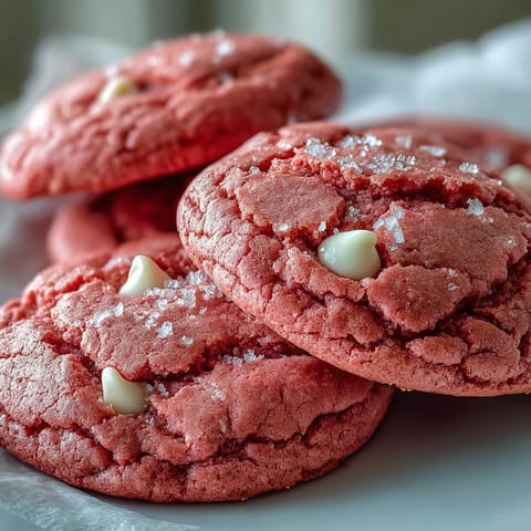 Soft Pink Velvet Cookies stacked high, revealing chewy texture and vibrant pink crumb inside.