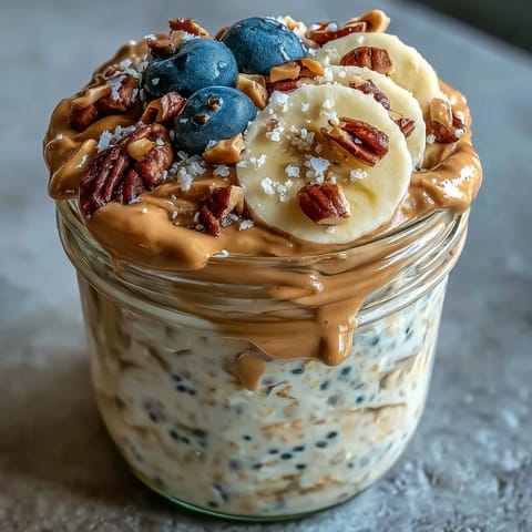 Creamy High-Protein Peanut Butter Overnight Oats being scooped with a spoon, revealing a rich, velvety breakfast texture.