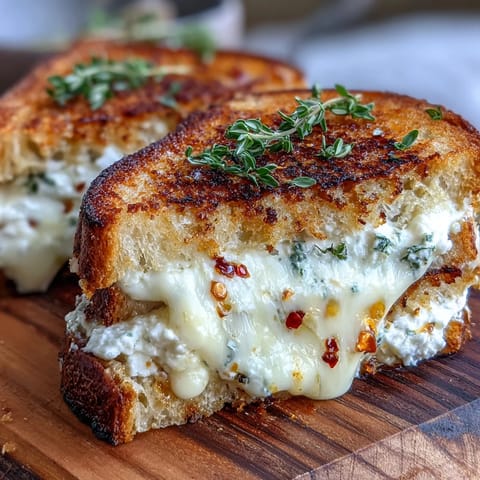 Overhead view of a gooey Goat Cheese Grilled Cheese with Honey & Chili Flakes beside a small honey drizzle jar.  