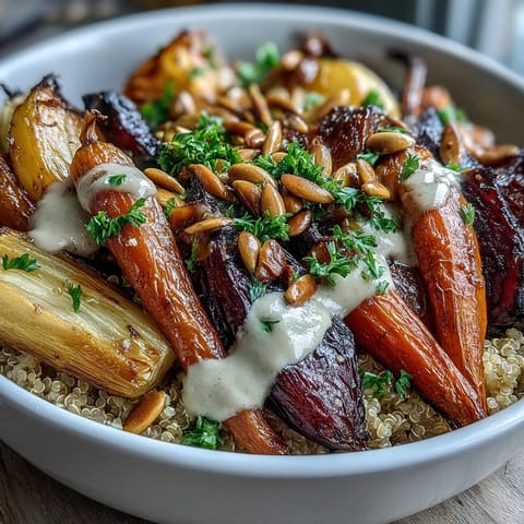 Roasted Root Vegetable Bowl with golden, caramelized veggies atop fluffy quinoa, drizzled with creamy tahini.