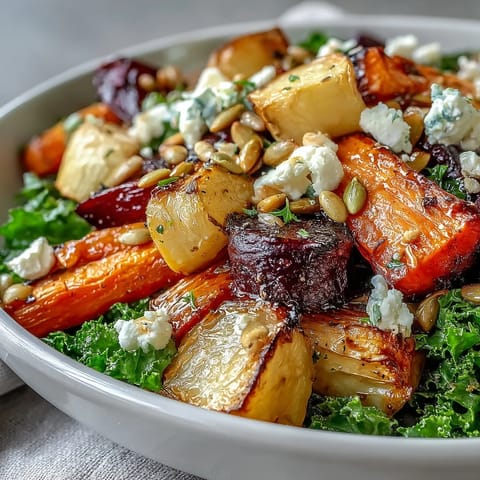 A vibrant bowl of Winter Root Vegetable Bowl with caramelized beets, pepitas, and feta on a bed of hearty greens.