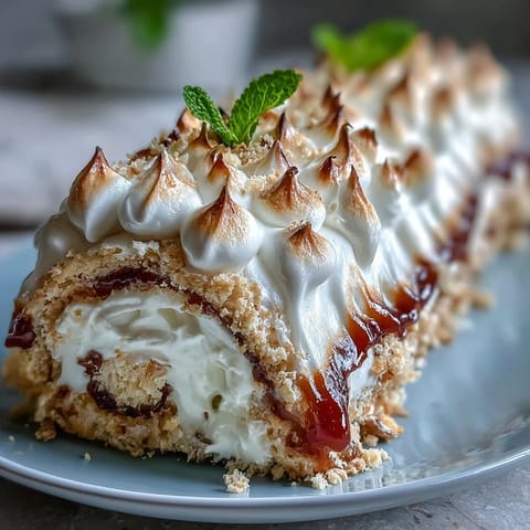 A slice of Homemade Brazo Gitano reveals vibrant pink guava paste inside light vanilla sponge cake, topped with toasted meringue.