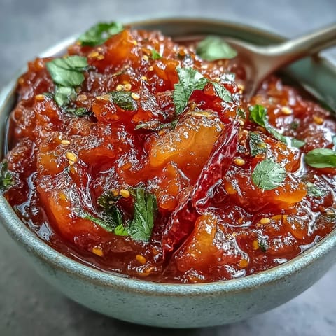 Golden-brown tempering with mustard seeds and curry leaves sizzles over the vibrant Guava Chutney in a rustic serving bowl.