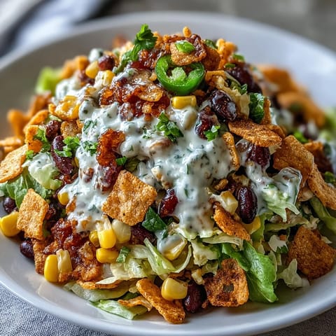 Bright Southwestern Frito Cowboy Cabbage with black beans, corn, and jalapeños drenched in smoky chipotle dressing. 