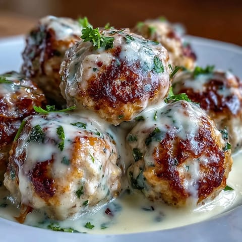 Tender Creamy Garlic Ranch Turkey Meatballs are coated in velvety sauce, ideal served over mashed potatoes with a sprinkle of green herbs.