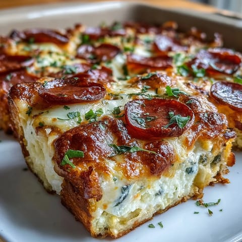 This High-Protein Pizza Breakfast Casserole shows fluffy eggs on a Greek yogurt dough base, sliced for a hearty serving.