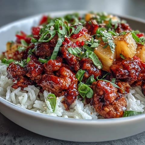 Sweet-and-Sour Turkey Rice Skillet features juicy pineapple, crisp bell peppers, and Korean-spiced ground turkey stir-fried in one pan.
