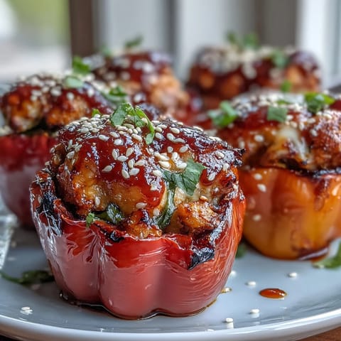 A close-up of halved mini peppers filled with savory Korean-spiced ground turkey and topped with gooey cheese.