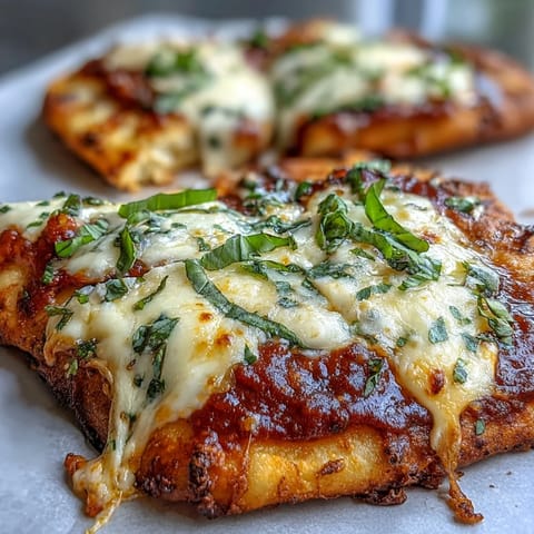 Freshly baked Garlic Naan Margherita Pizzas with bubbling mozzarella and basil on a rustic board.