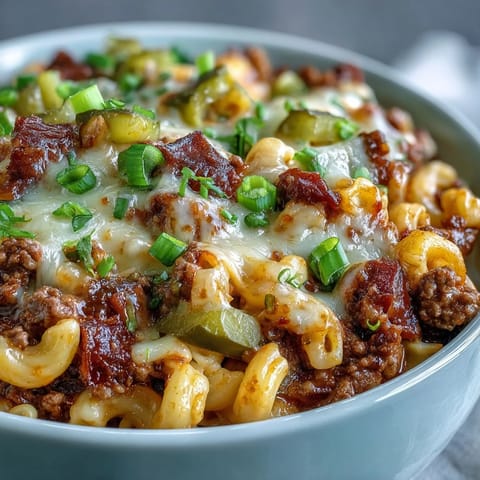 Steamy One-Pan Cheeseburger Chili Mac bubbling in a single skillet with melted cheddar cheese and fresh chives.