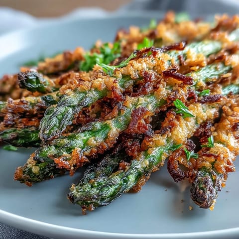 Golden oven-baked Crispy Chili-Garlic Asparagus Fries arranged on a dark surface with a creamy dipping sauce.