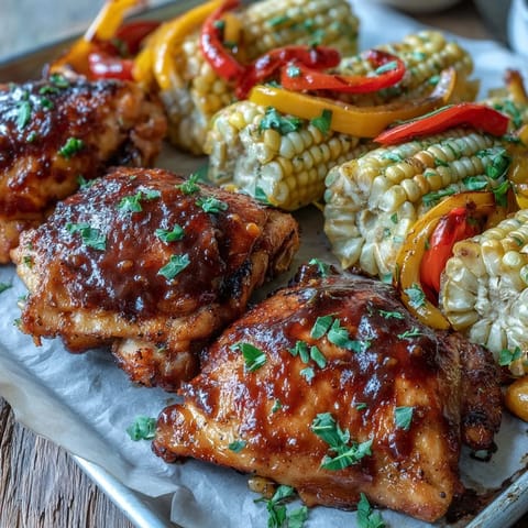 Golden-brown Sheet Pan BBQ Chicken thighs roasted with vibrant red and yellow bell pepper strips and charred corn on the cob wedges, glistening with barbecue sauce.