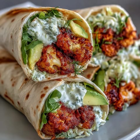 Crispy vegan Buffalo cauliflower fills a warm flour tortilla with creamy ranch slaw and avocado slices, ready to eat.